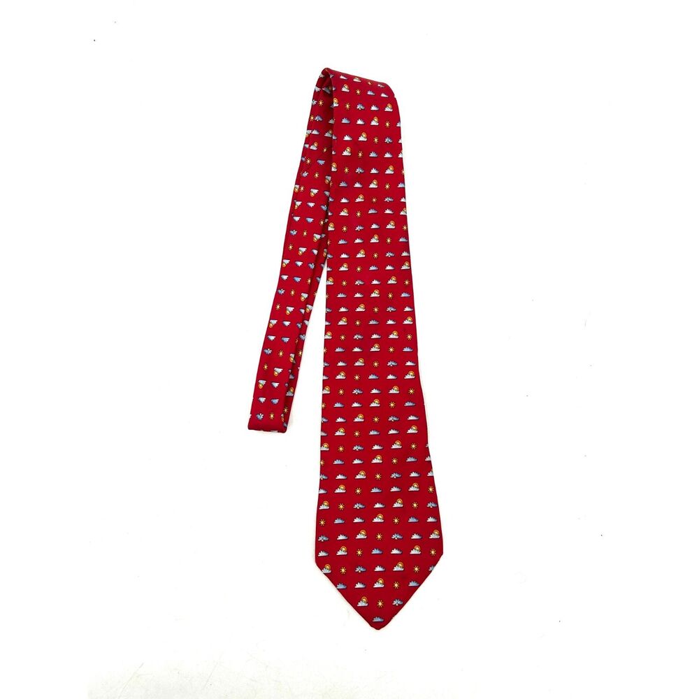 SALVATORE FERRAGAMO *Flawed* Red Silk Tie Sun Cloud Print Made In Italy Mens